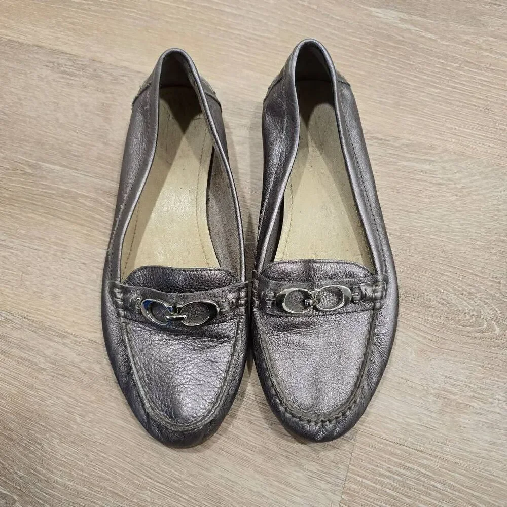 Coach Fortunata Loafers Women's 8.5M Metallic Silver Leather Pebble Grain Flats
